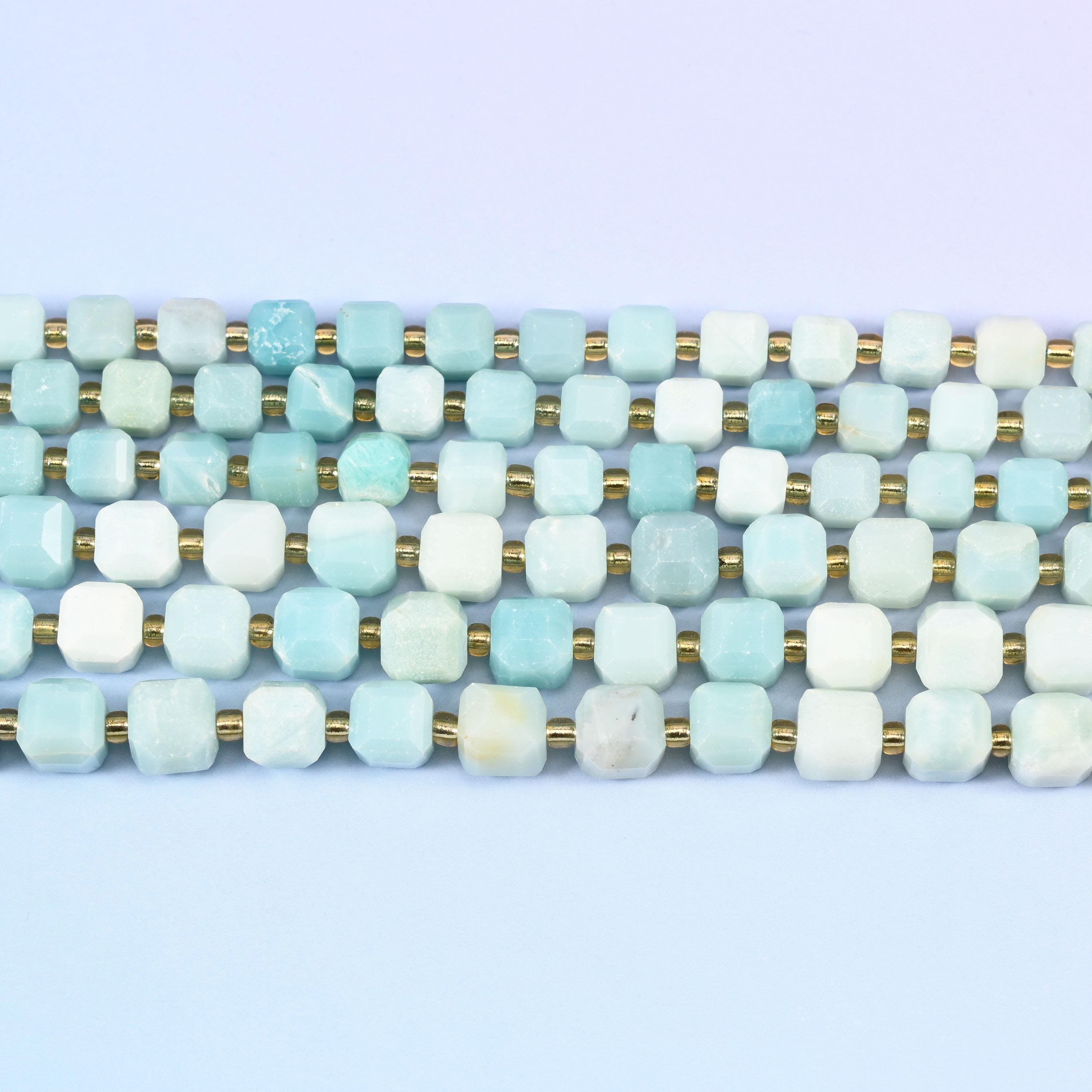 Blue Amazonite Faceted Cube Beads 6mm 8mm in pale sky blue with cream and white
