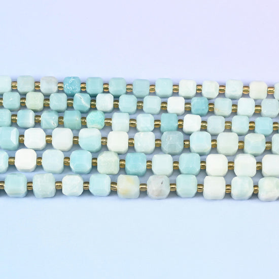 Blue Amazonite Faceted Cube Beads 6mm 8mm in pale sky blue with cream and white