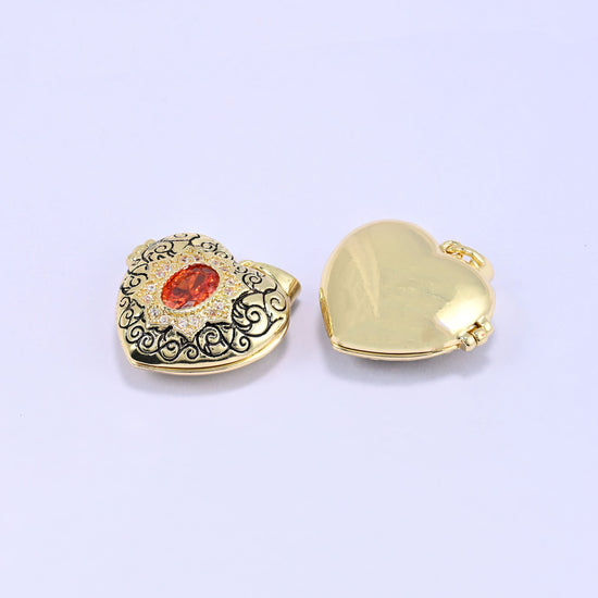 18K Gold Plated Brass Heart Locket Pendant with ornate black filigree scrollwork and red oval zircon centerpiece