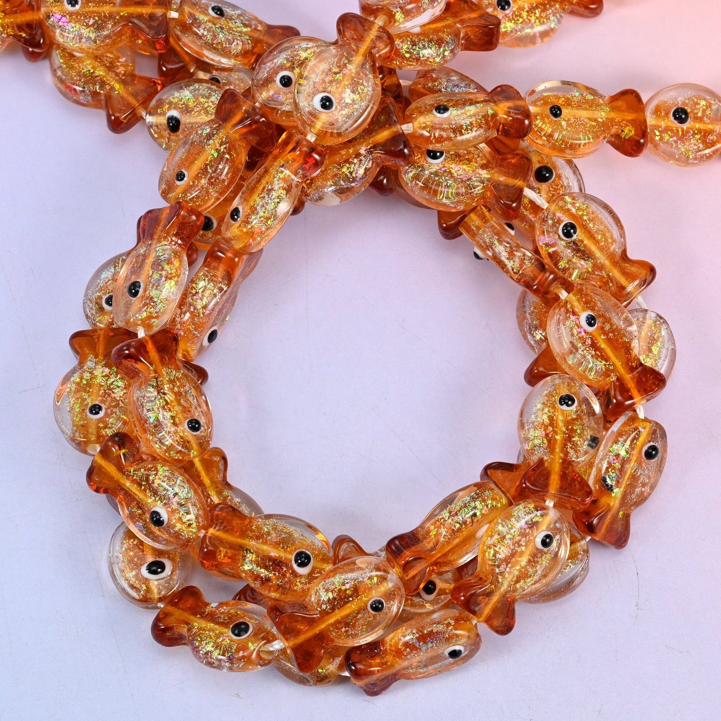Orange Glitter Fish Glass Beads, 20 beads per strand