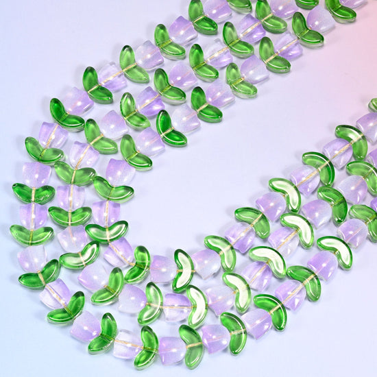 Lavender Tulip Flower Glass Beads with Leaf, 15 inch strand, 27 sets.