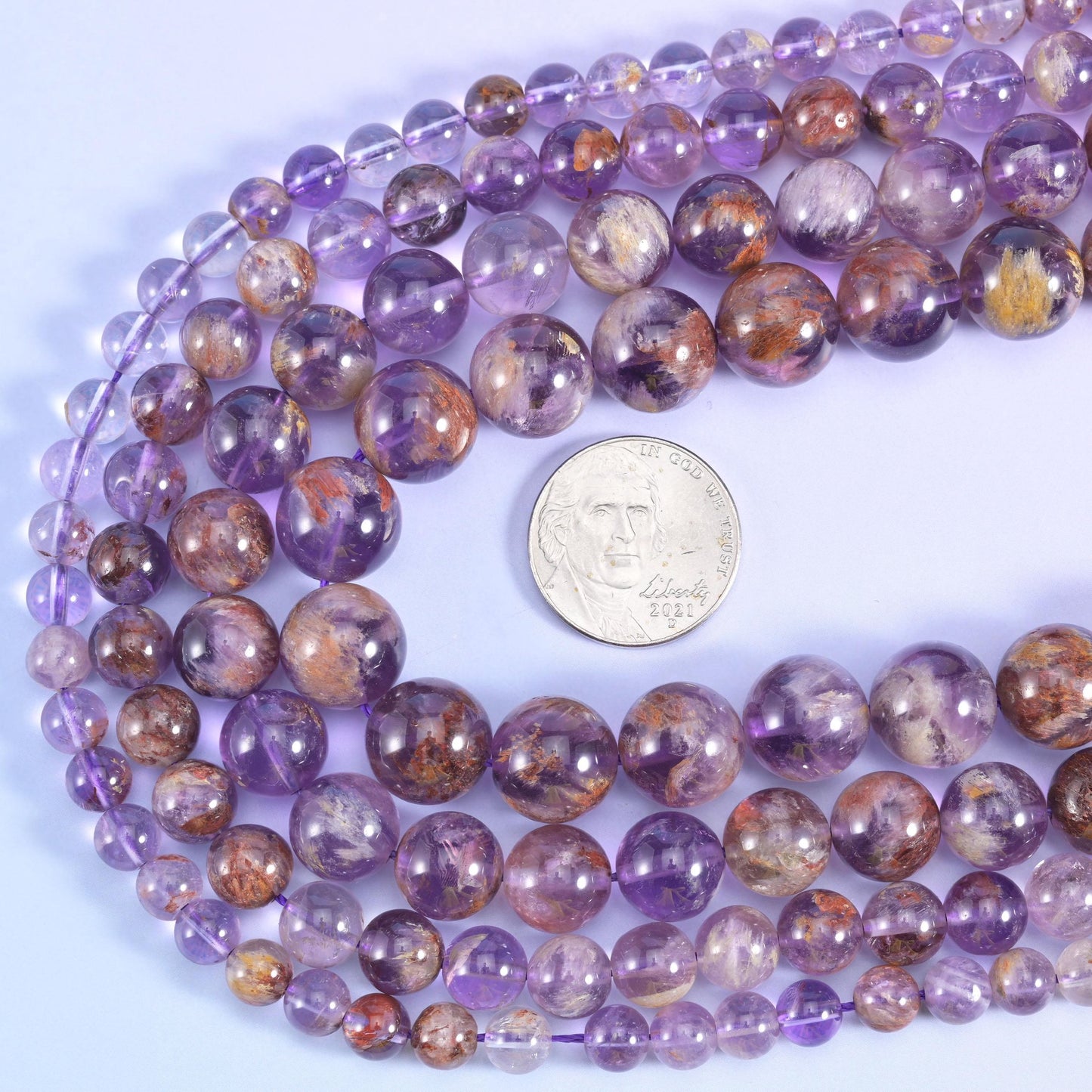 Super 7 purple phantom round beads, 15.5 inch strand