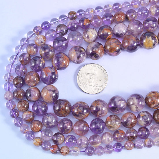Super 7 purple phantom round beads, 15.5 inch strand