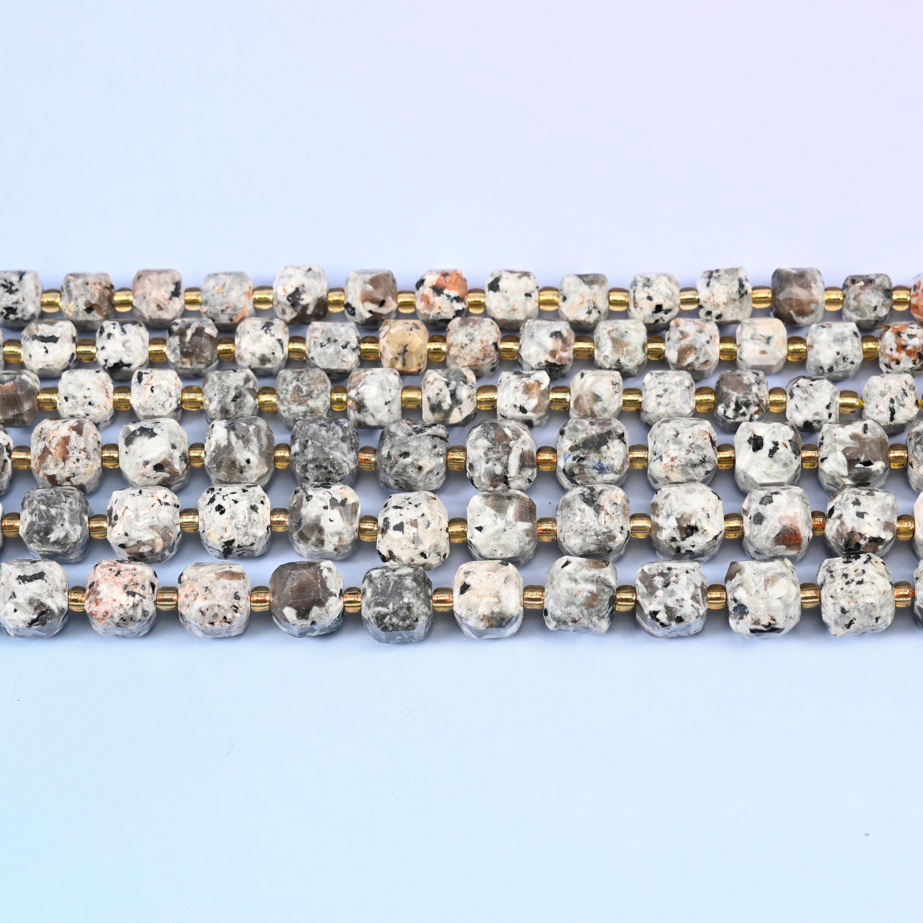 Yooperlite Faceted Cube Beads in pale grey and off-white with dark speckling