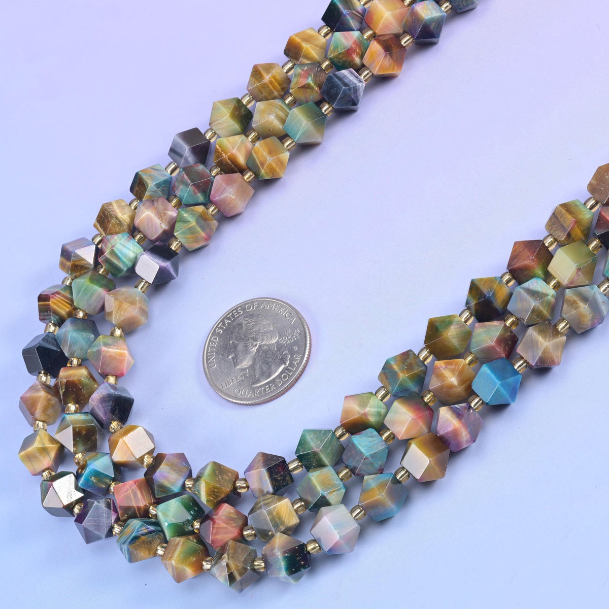 Colorful Galaxy Tiger Eye faceted rhombus beads, 15.5 inch strand