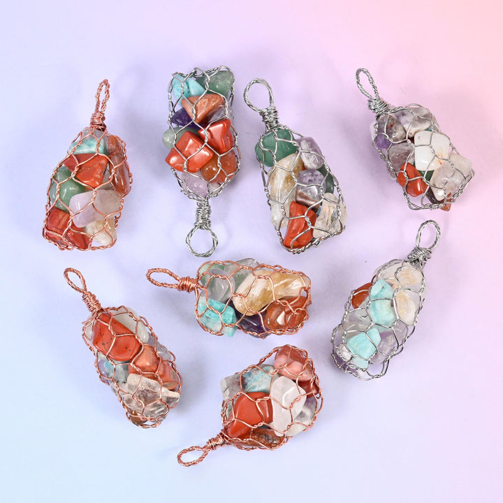 Wire Wrapped Cage Gemstone Chip Pendant