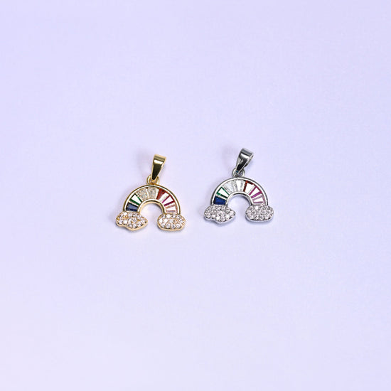 Rainbow Zirconia Charms colorway pair, the warm gold version beside the silver tone version, both with multicolor zirconia arcs.