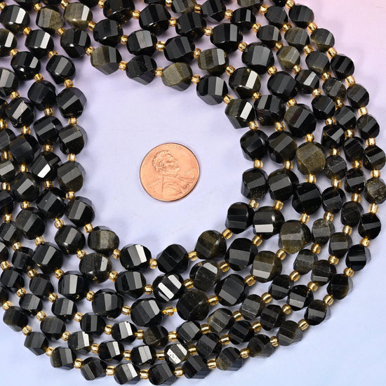 Gold Obsidian Faceted Spiral Twist Beads, mirror-black volcanic glass that flares to warm bronze-gold in the light