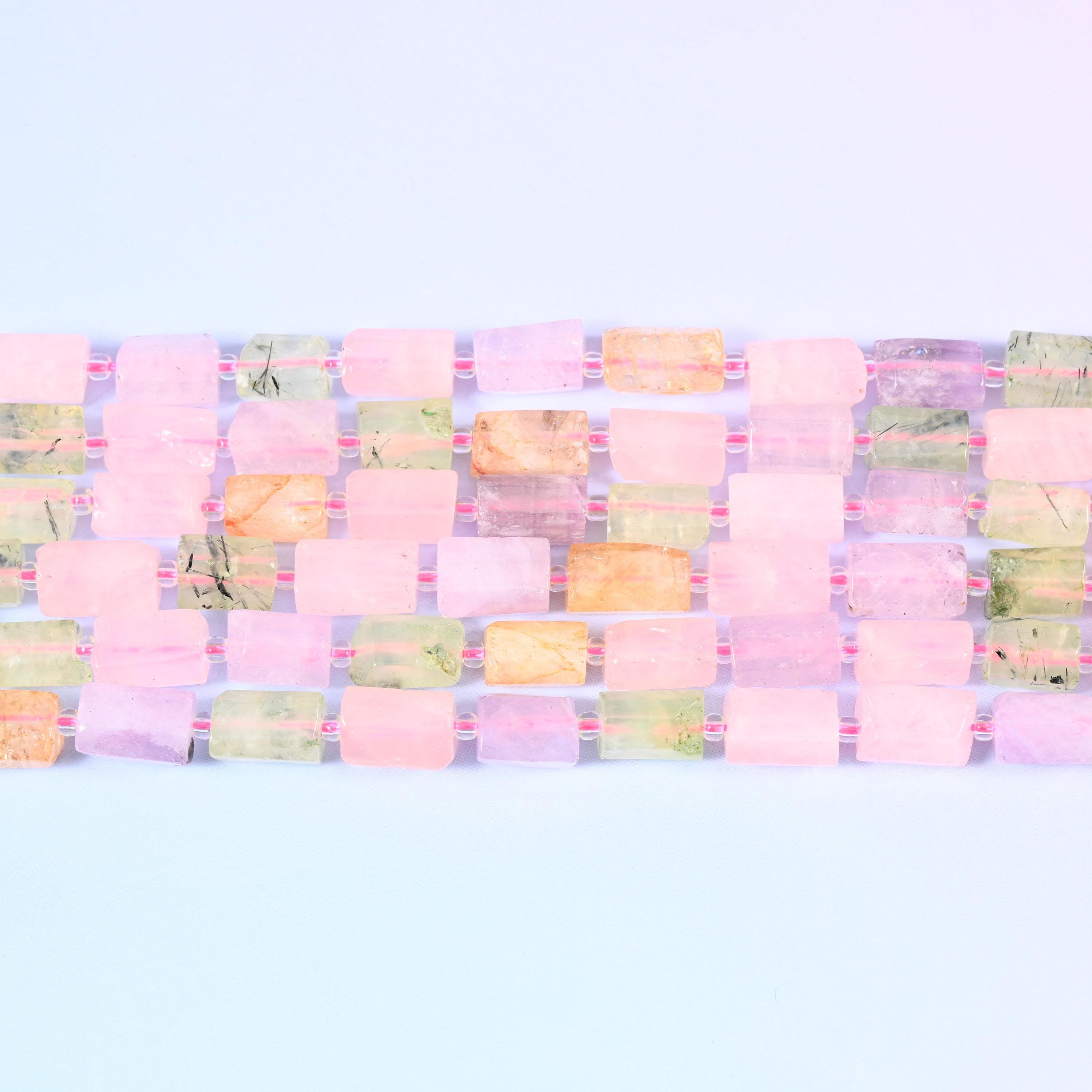 Colorful Mixed Gemstone Faceted Tube Beads 12x8mm in Rose Quartz, Prehnite, Light Amethyst and Citrine