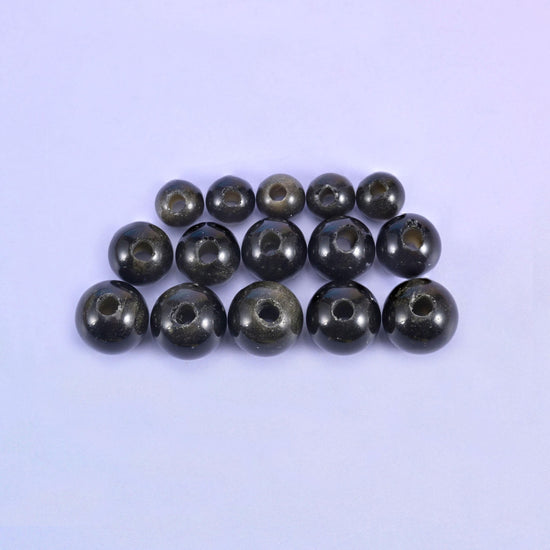 Gold Obsidian Large Hole Round Beads 6mm 8mm 10mm in black with golden bronze sheen