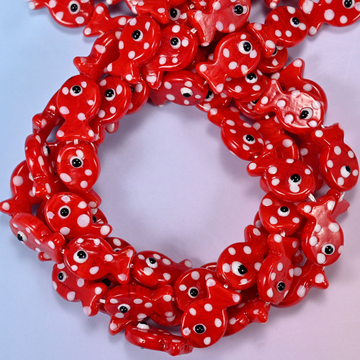 Red with White Dot Fish Glass Beads, 20 beads per strand