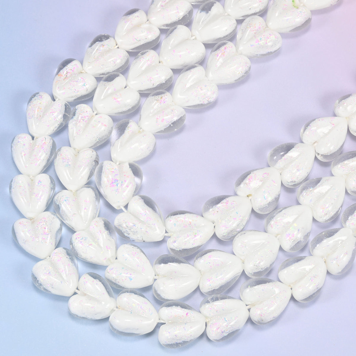 Iridescent White Heart Glass Beads, 11.5 inch strand
