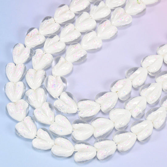 Iridescent White Heart Glass Beads, 11.5 inch strand