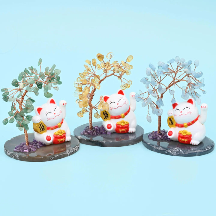 Fortune Cat gemstone tree with natural agate base, approximately 4 inches tall