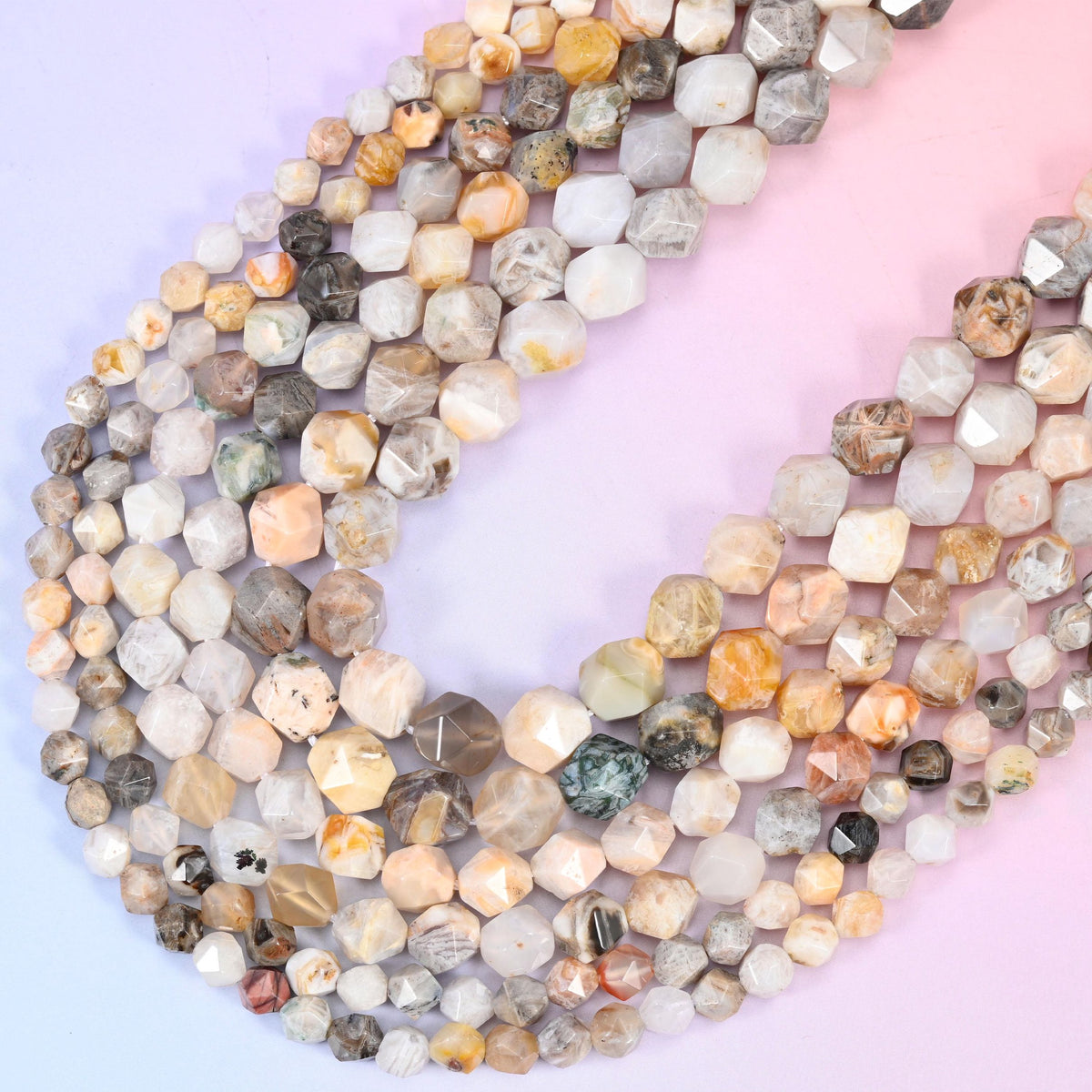 Cream Bamboo Agate Faceted Diamond Star Cut Beads 6mm 8mm 10mm, 15.5 inch strand