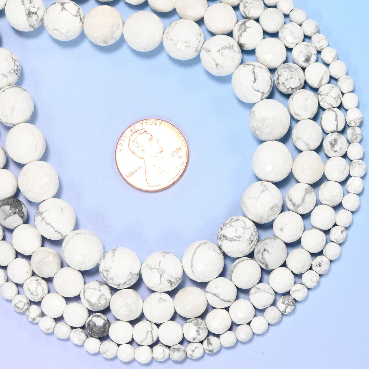 White Howlite Faceted Round Beads, bright chalk white marbled with fine grey veining
