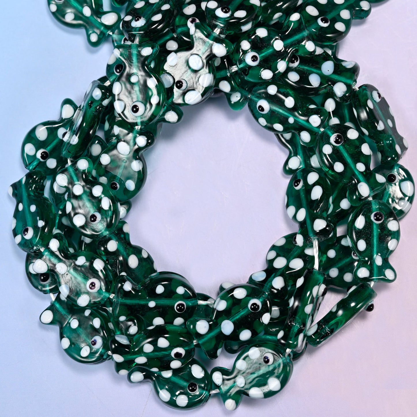 Transparent Jungle Green with White Dot Fish Glass Beads: Jewelry Making Supply