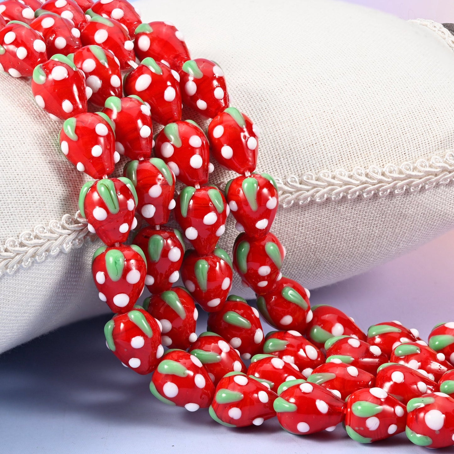 Red White Dots Strawberry Glass Beads