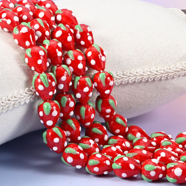 Red White Dots Strawberry Glass Beads