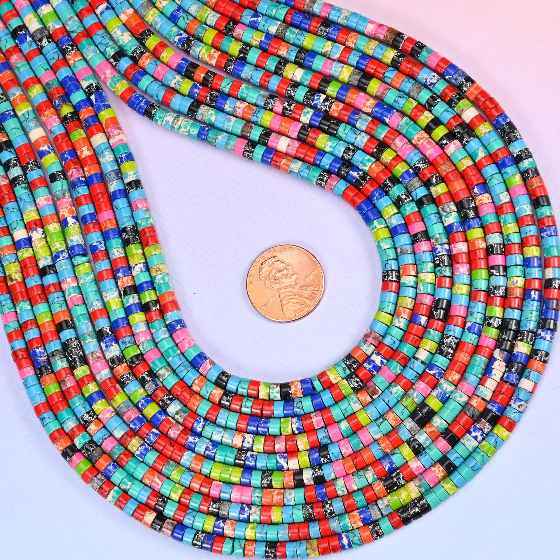 Dyed Multi-Color Shoushan Stone Smooth Heishi Disc Beads, approximately 180 beads per strand