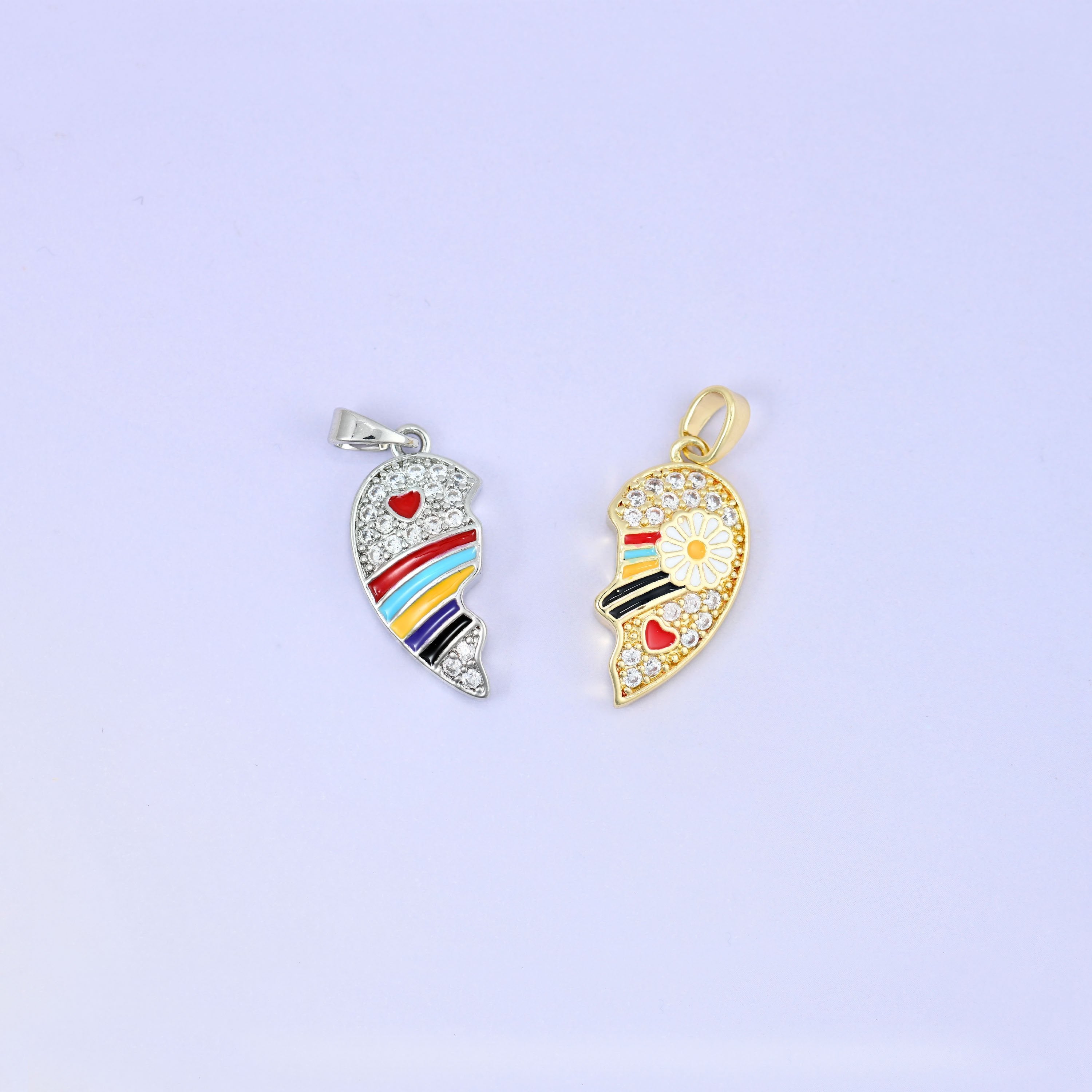 Magnetic Enamel Friendship Heart Zircon Pendants in gold and platinum tone with enamel detail