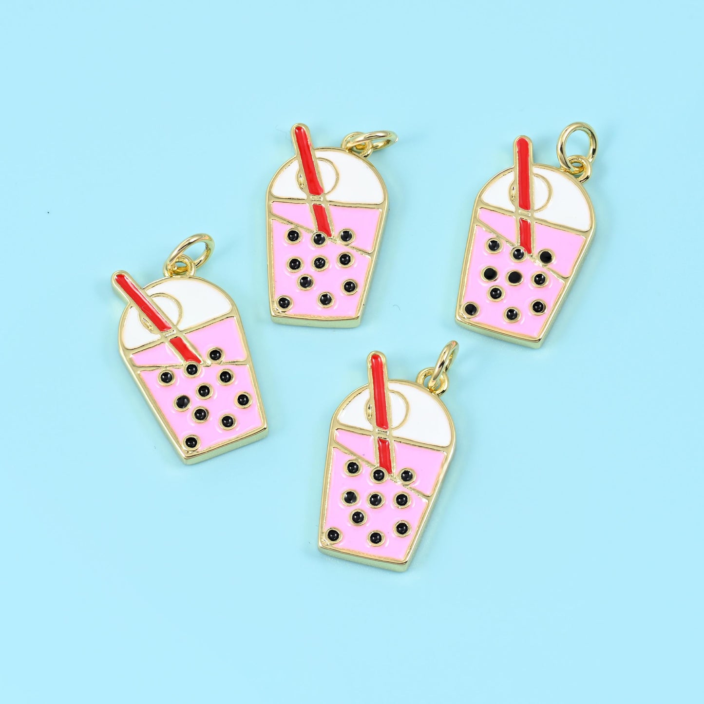 Enamel Boba Milk Tea Charm, 18K gold filled with pink, white and red enamel
