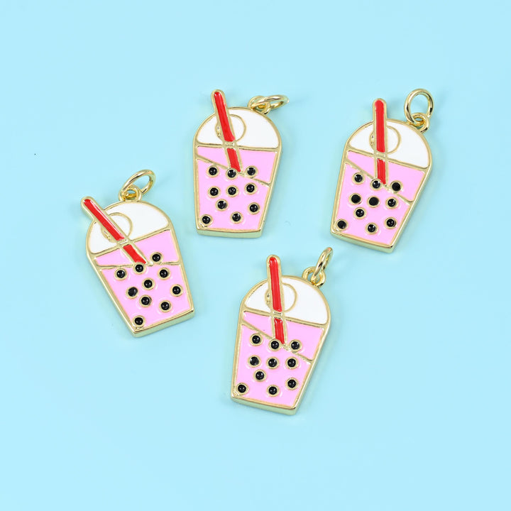 Enamel Boba Milk Tea Charm, 18K gold plated with pink, white and red enamel