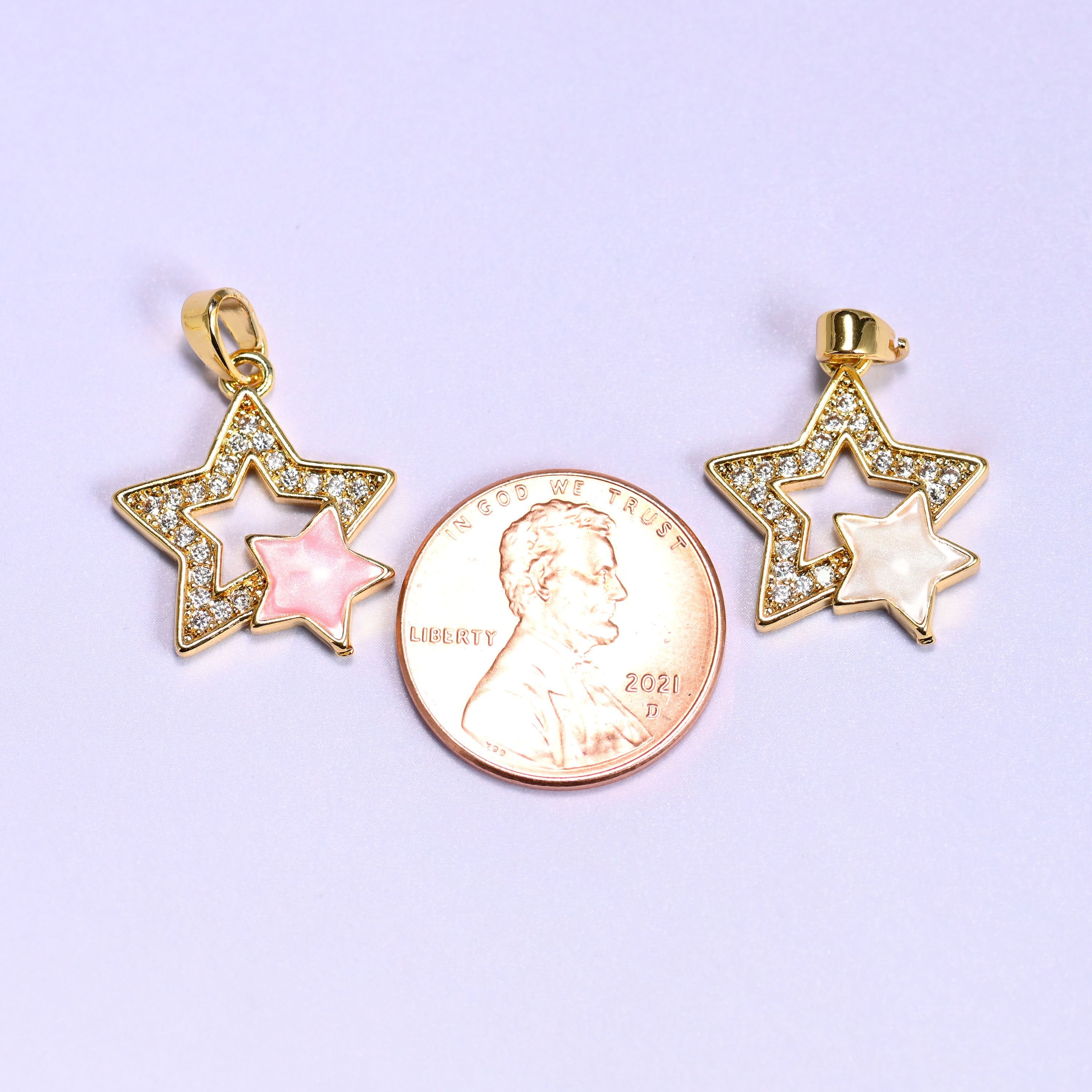 Double Stars Zircon Charms with a clear zircon pave outer star