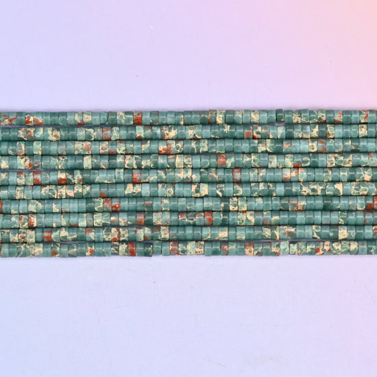 Blue Sea Sediment Jasper Heishi Disc Beads 2x4mm in teal green with rust red and cream mottling