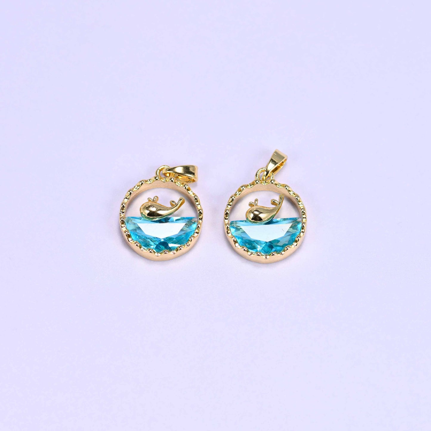 18K gold plated brass whale charm, textured round frame