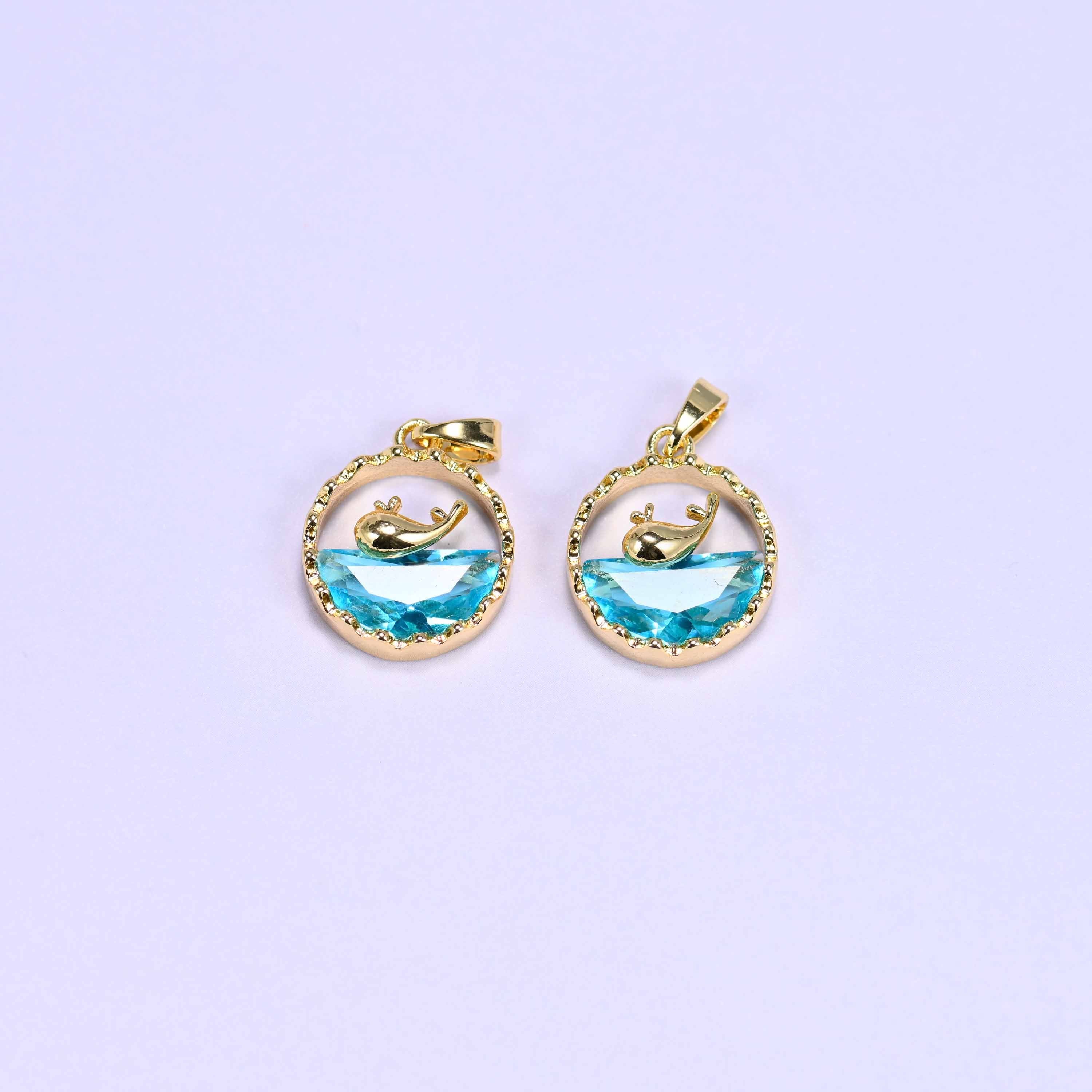 18K gold plated brass whale charm, textured round frame