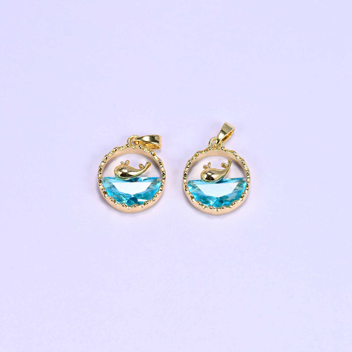 18K gold plated brass whale charm, textured round frame