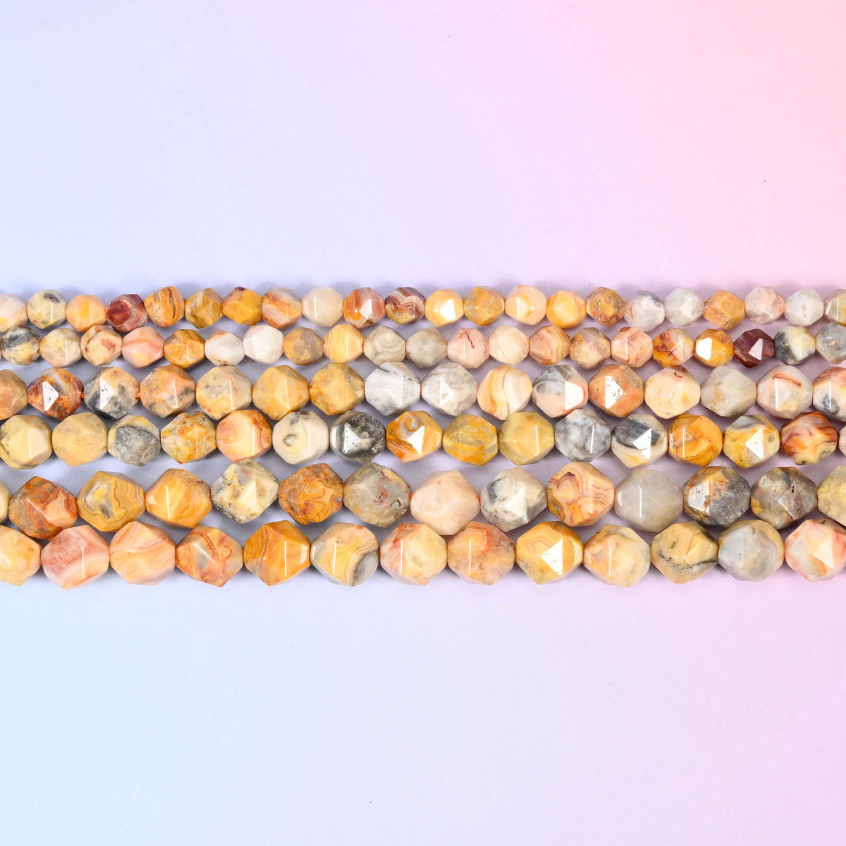 Crazy Agate Faceted Diamond Star Cut Beads in honey yellow, cream and tan with grey and rust lacing