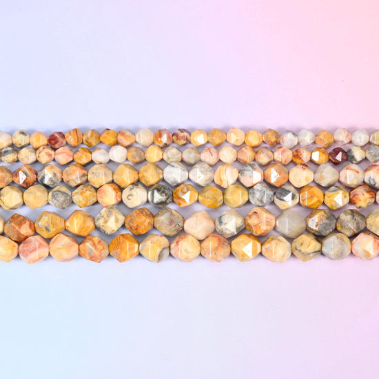 Crazy Agate Faceted Diamond Star Cut Beads in honey yellow, cream and tan with grey and rust lacing