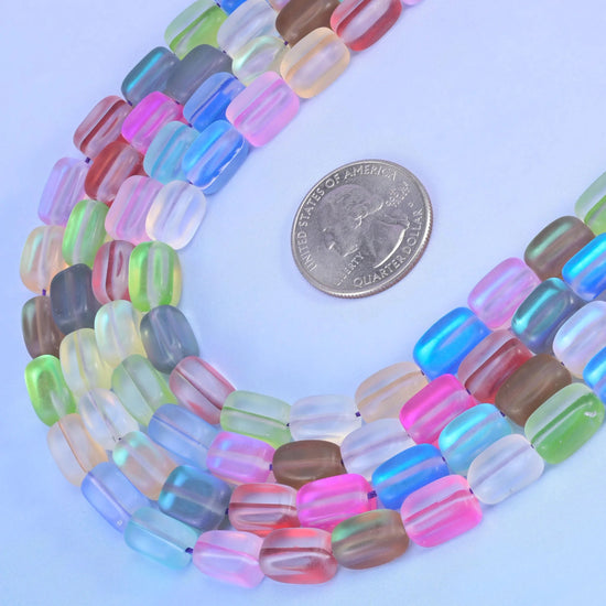 Rainbow Mystic Aura glass beads with a matte frosted finish and iridescent shine