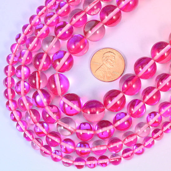 Round iridescent rose red glass beads with aura coating