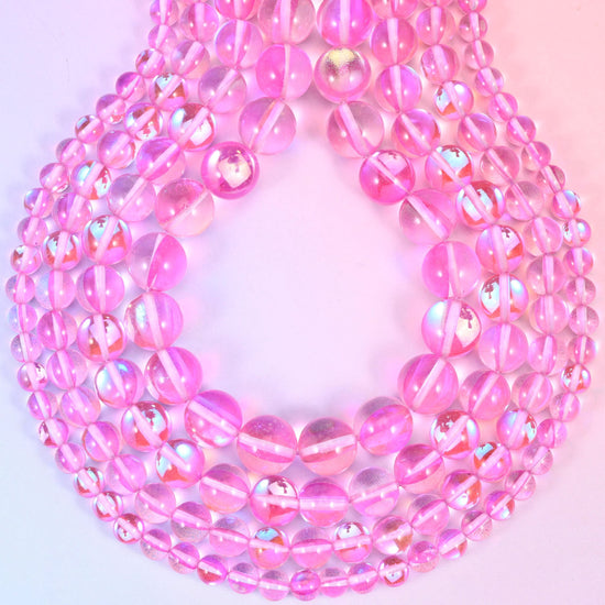 Mystic Aura Pink Round Glass Beads, approximately 1.0mm drill hole