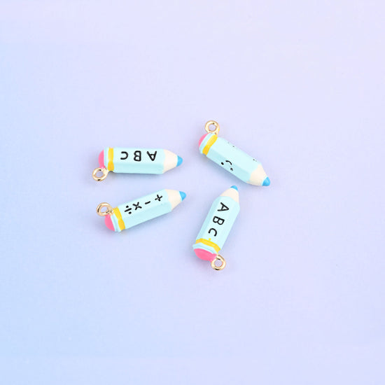 Four light blue pencil charms with pink bands.