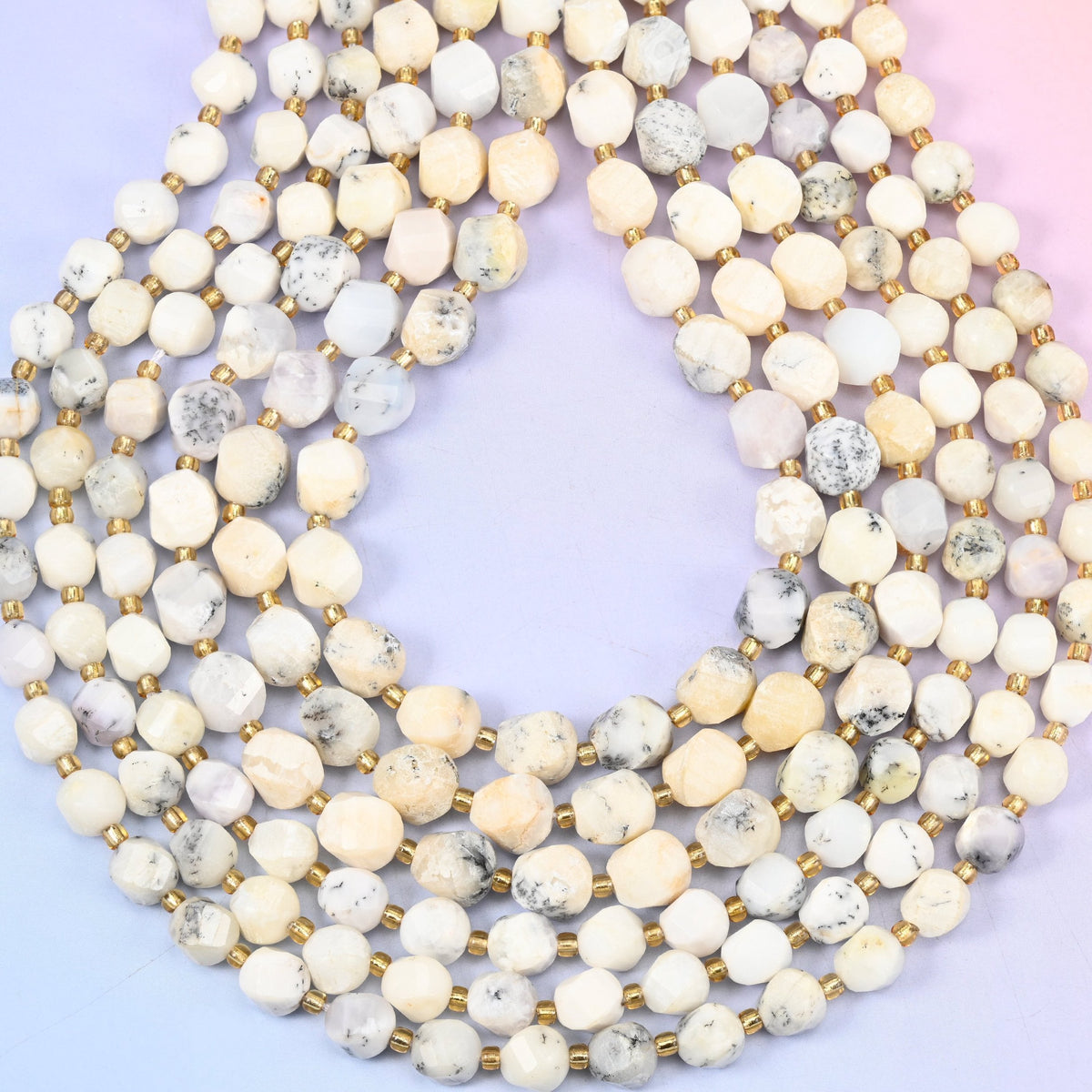 Faceted spiral twist cut natural white opal beads
