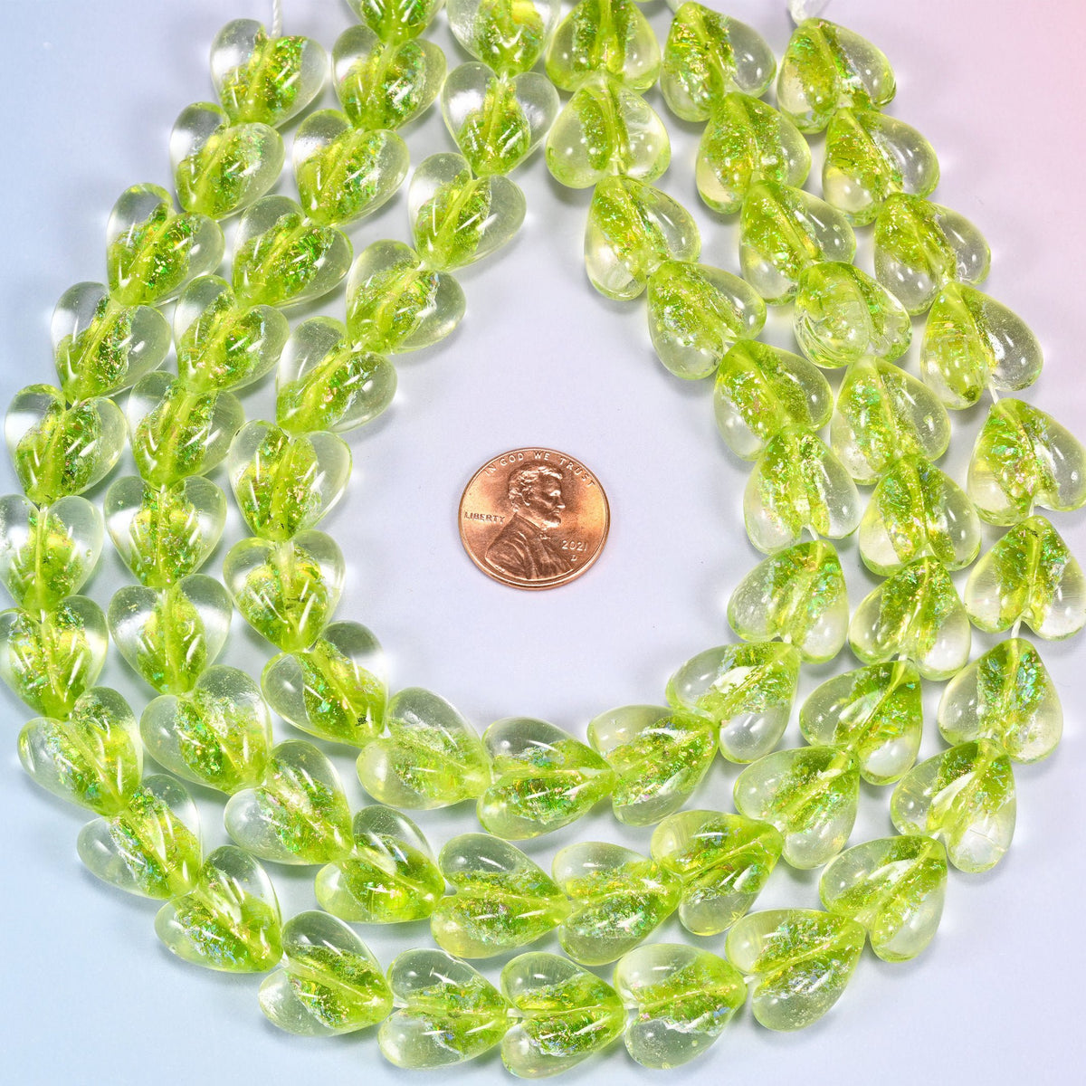 Iridescent Lime Green Heart Glass Beads, 24 beads per strand