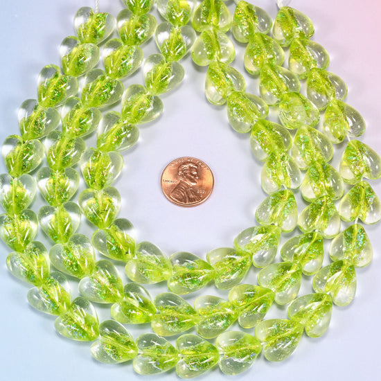 Iridescent Lime Green Heart Glass Beads, 24 beads per strand