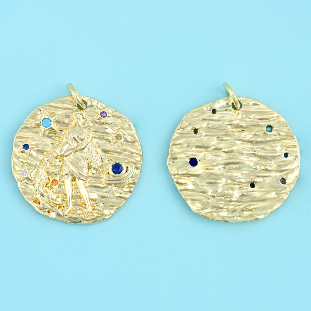 18K gold plated zodiac pendant, front and back, hammered gold disc with a standing figure and coloured zirconia stones