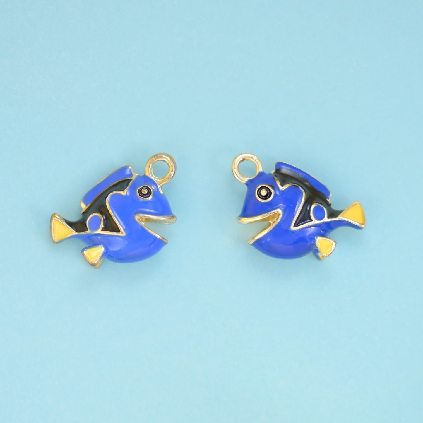 18K Gold Filled Enamel Blue Tropical Fish Charm 15x15mm in royal blue, black, white and gold