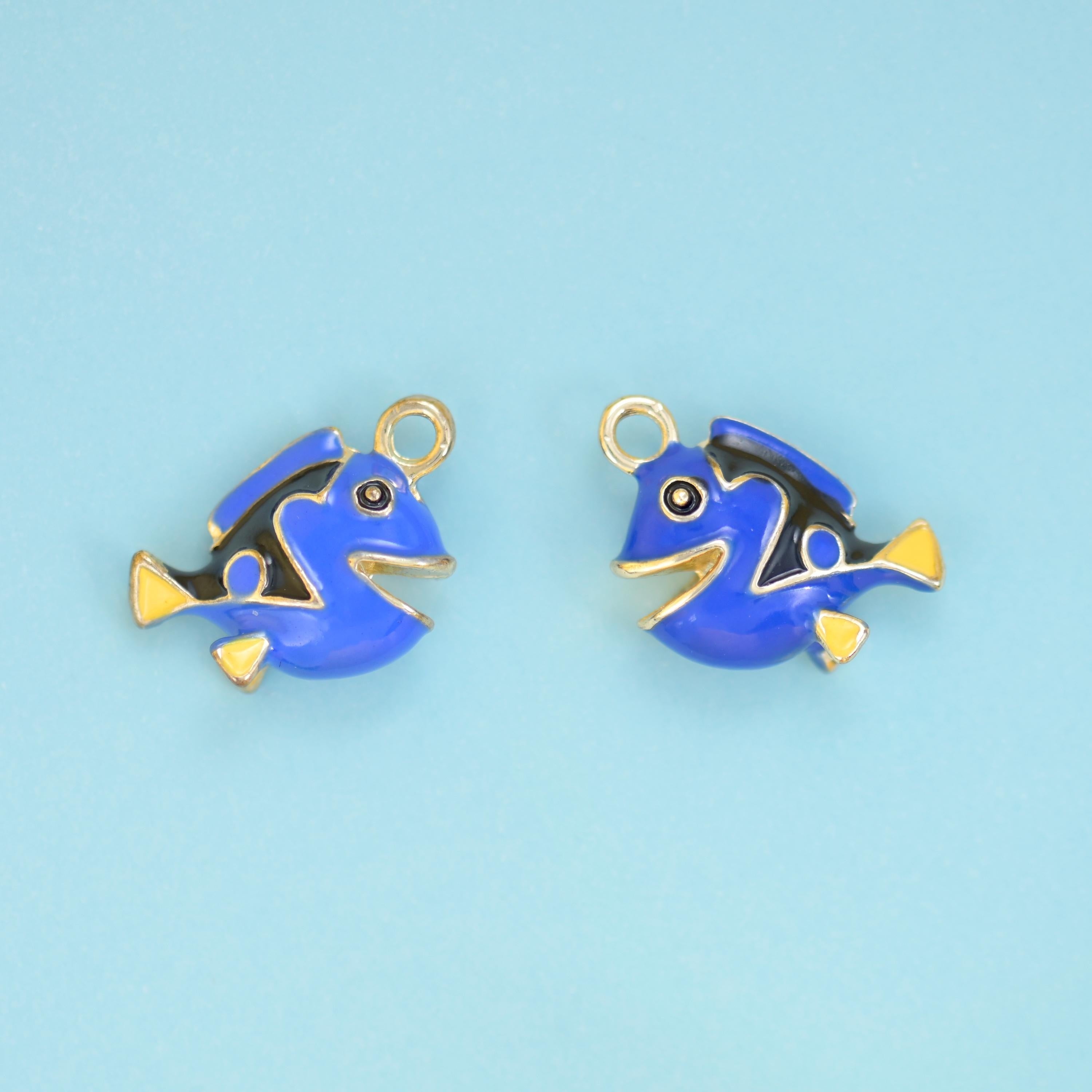 18K Gold Filled Enamel Blue Tropical Fish Charm 15x15mm in royal blue, black, white and gold