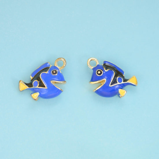 18K Gold Filled Enamel Blue Tropical Fish Charm 15x15mm in royal blue, black, white and gold