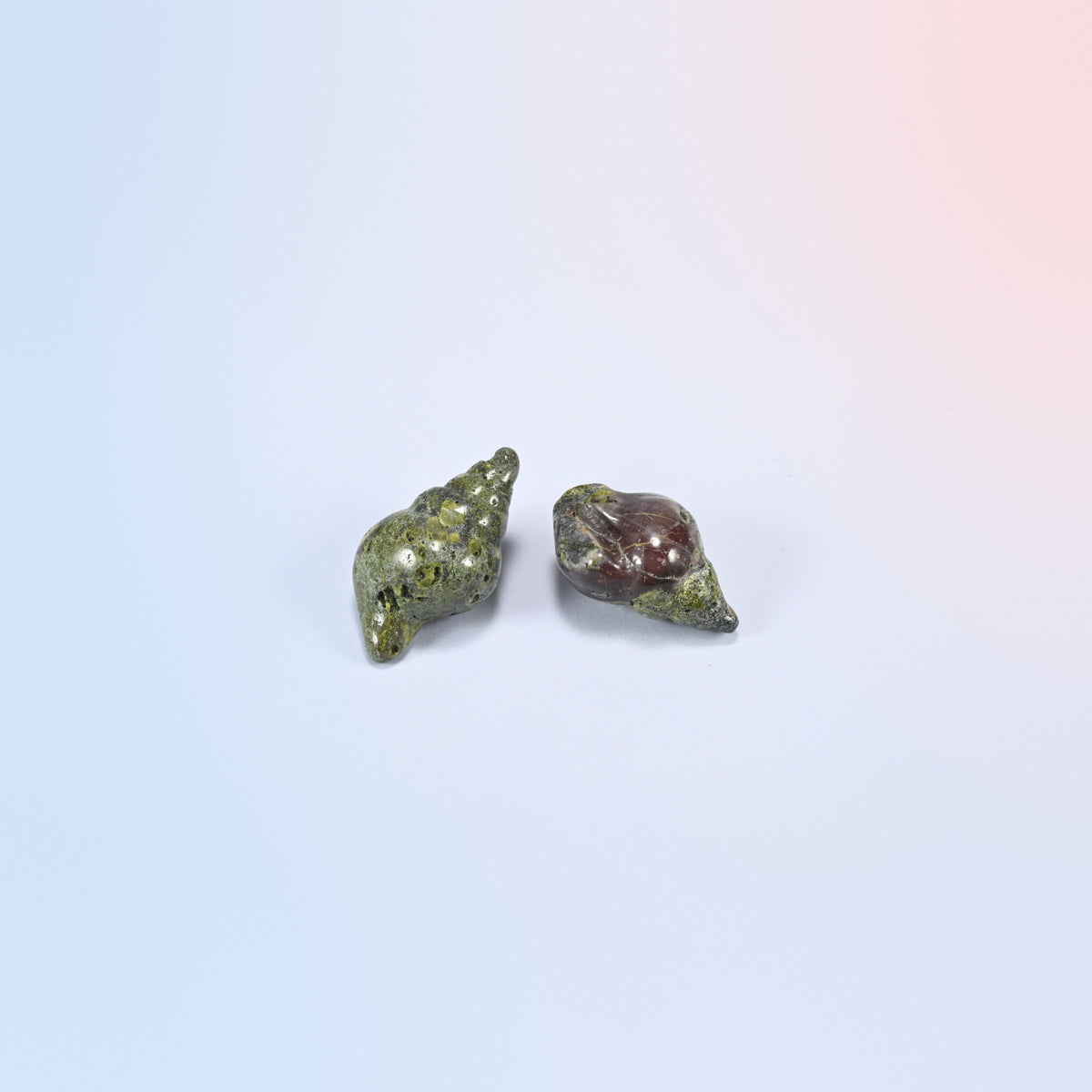Two natural dragon bloodstone conch shell crystal carvings, 1.5 inch, green with red