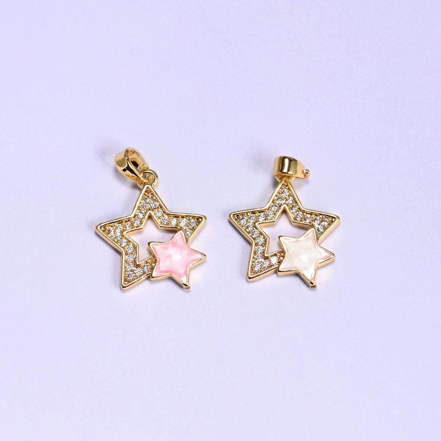 Double Stars Zircon Charms in gold/white or gold/pink