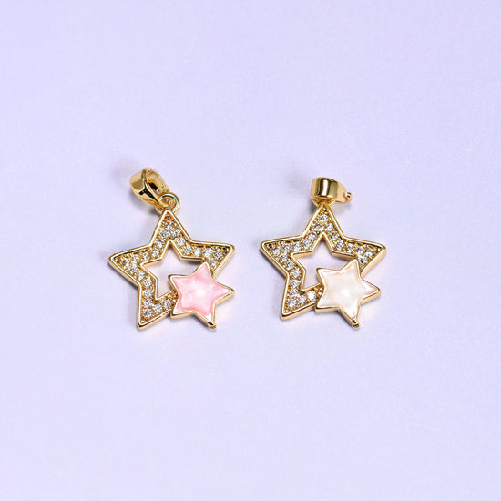 Double Stars Zircon Charms in gold/white or gold/pink
