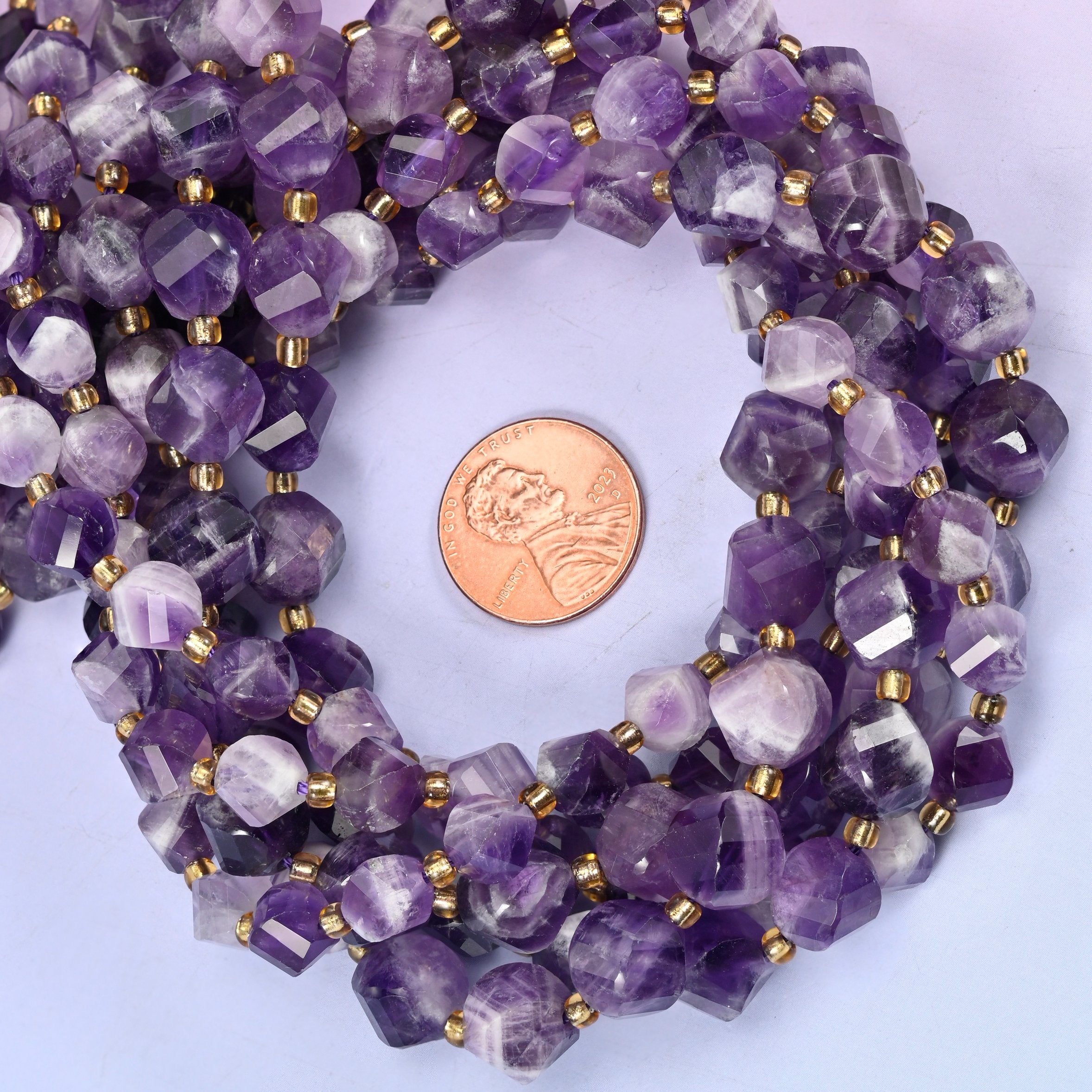 Chevron Amethyst Faceted Spiral Twist Beads: Size 8mm 10mm, Jewelry Making, 15 inch Strand