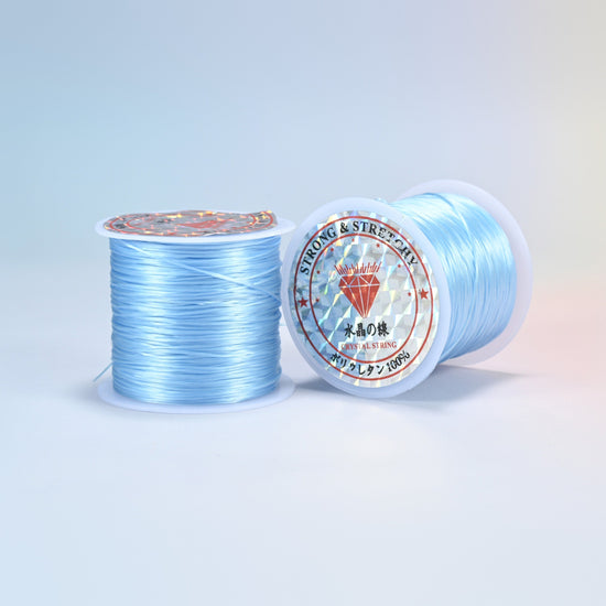 Two rolls of sky blue 0.7-0.8mm elastic stretch string, glossy polyurethane bead cord with a holographic label